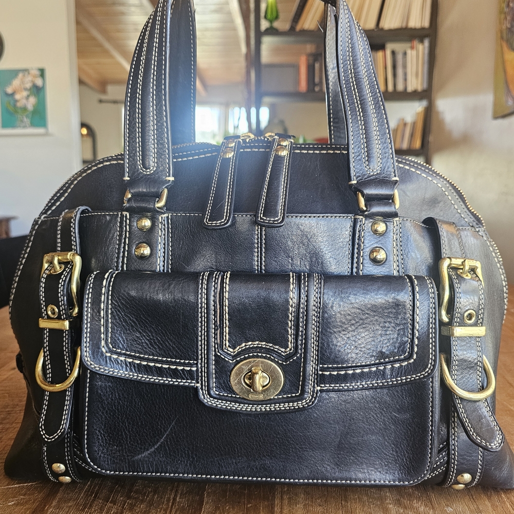 Large Black Miranda Satchel with Gold Accents